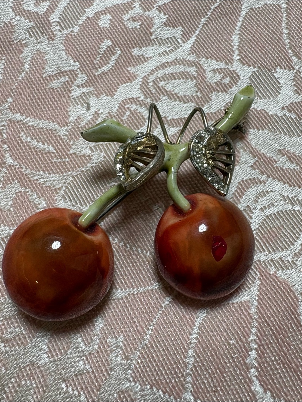 Vintage Signed HAR Enamel Cherry Brooch Rhinestone Leaf Figural Pin